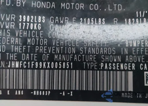 2019 Honda Civic Touring from USA, damaged, VIN JHMFC1F99KX005851